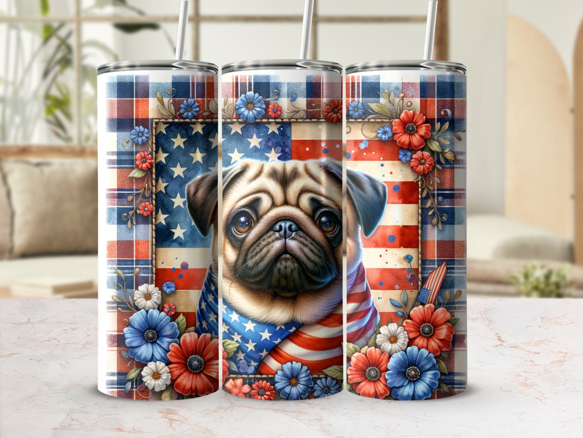 Pug wearing an American flag bandana and patriotic flowers, plaid border.