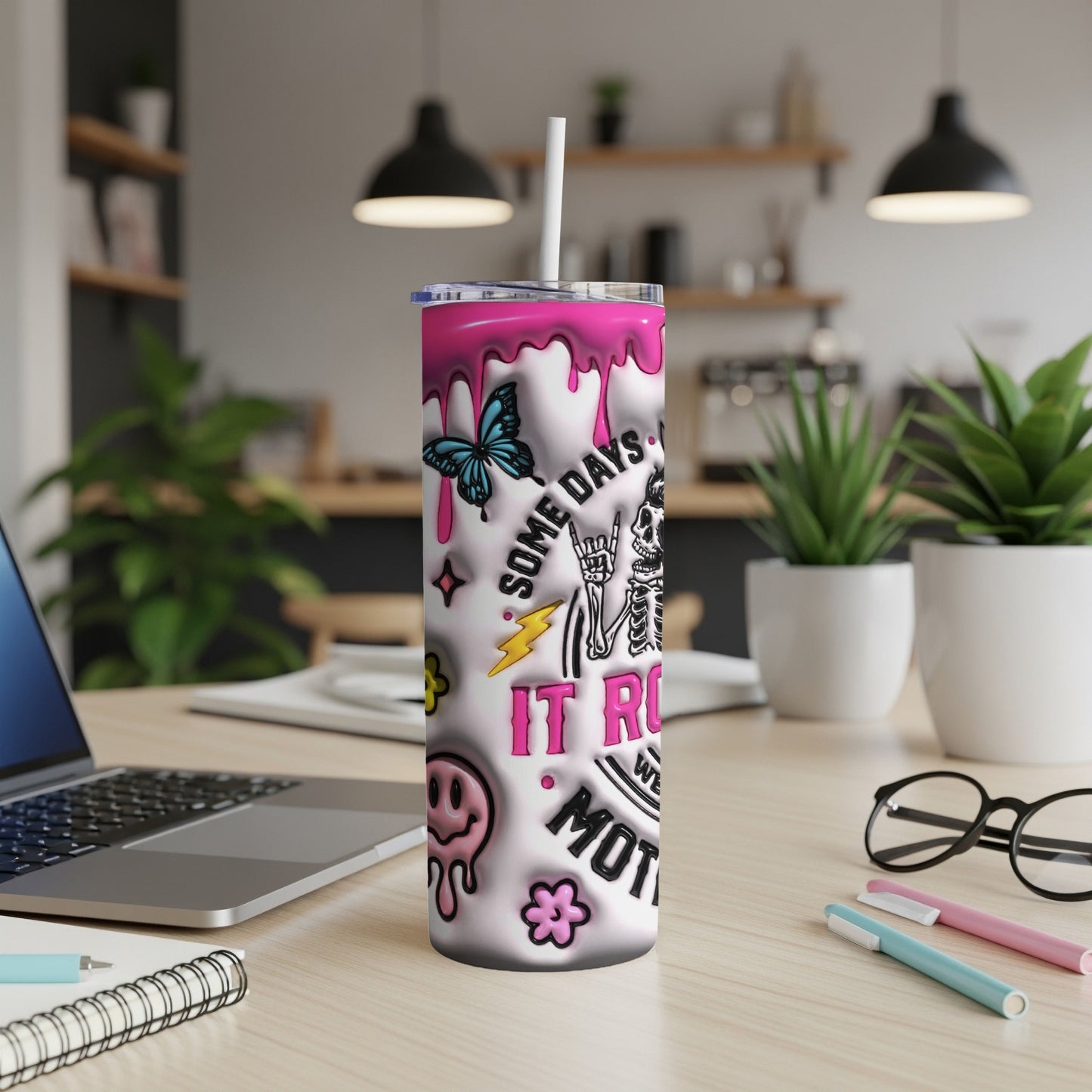 Pink dripping top tumbler with skeleton, butterfly, and "It's okay to not be okay" text.