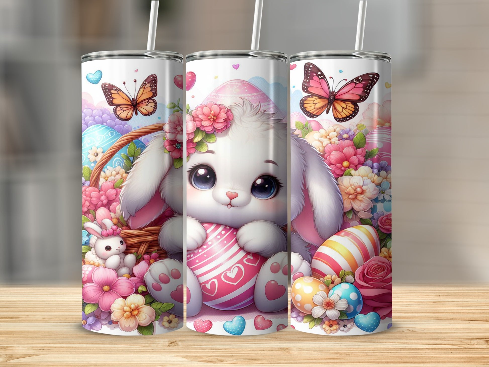 Cute Easter bunny with eggs and butterflies in a floral basket.