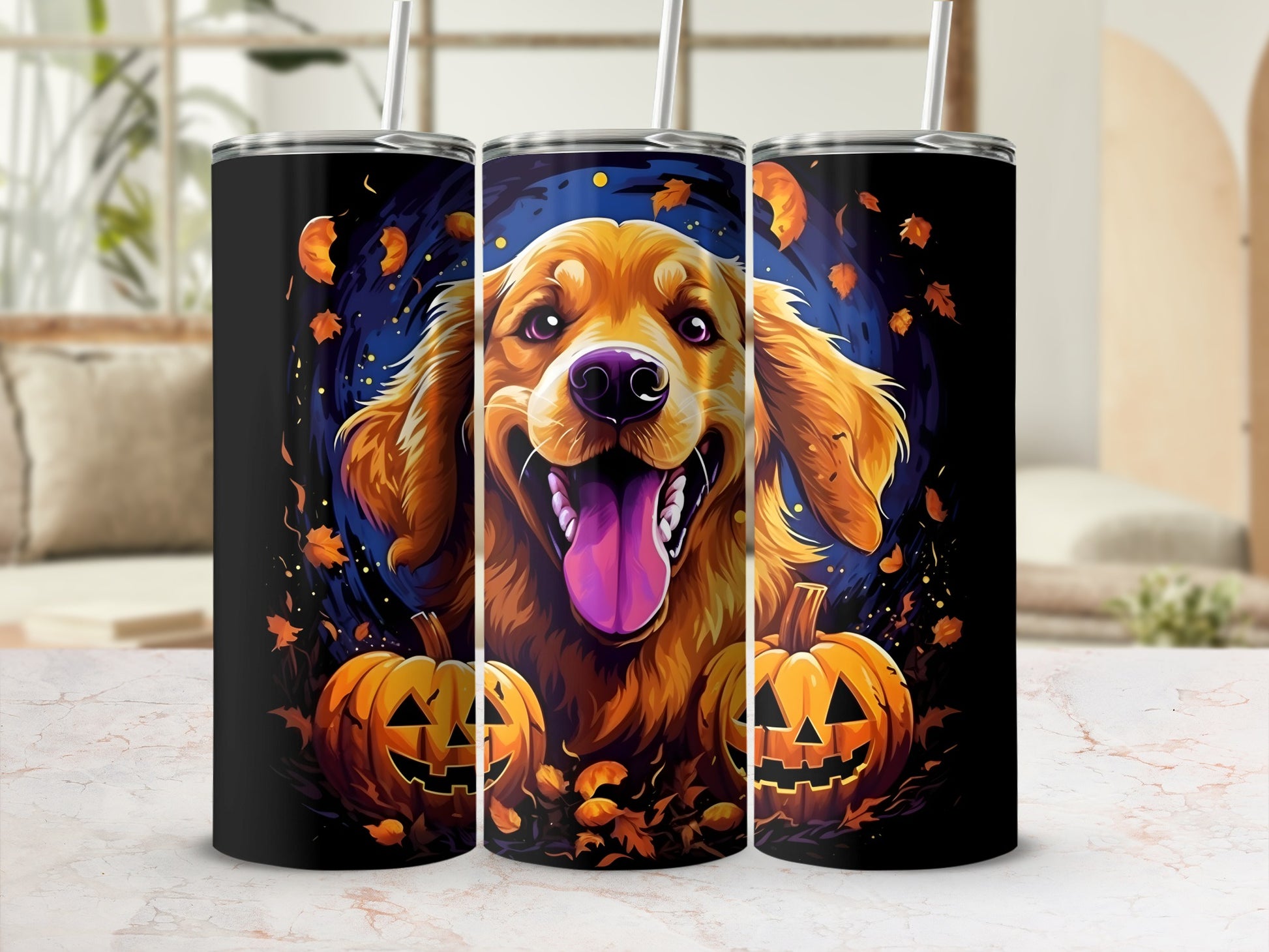 Golden retriever in Halloween scene with jack-o'-lanterns and falling leaves on tumblers.