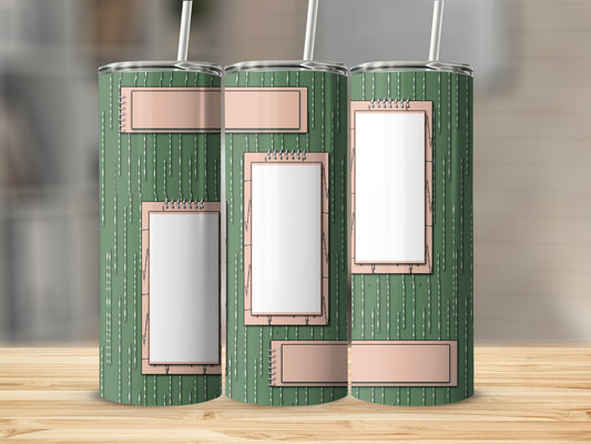 Three skinny tumblers with a green striped design and blank pastel pink note cards.