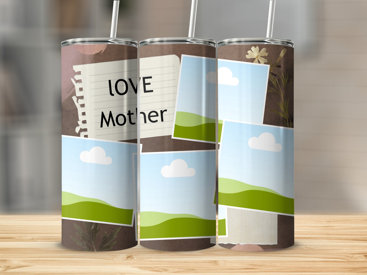 Tumblers with "Love Mother" text and scattered photo frames with landscape designs.