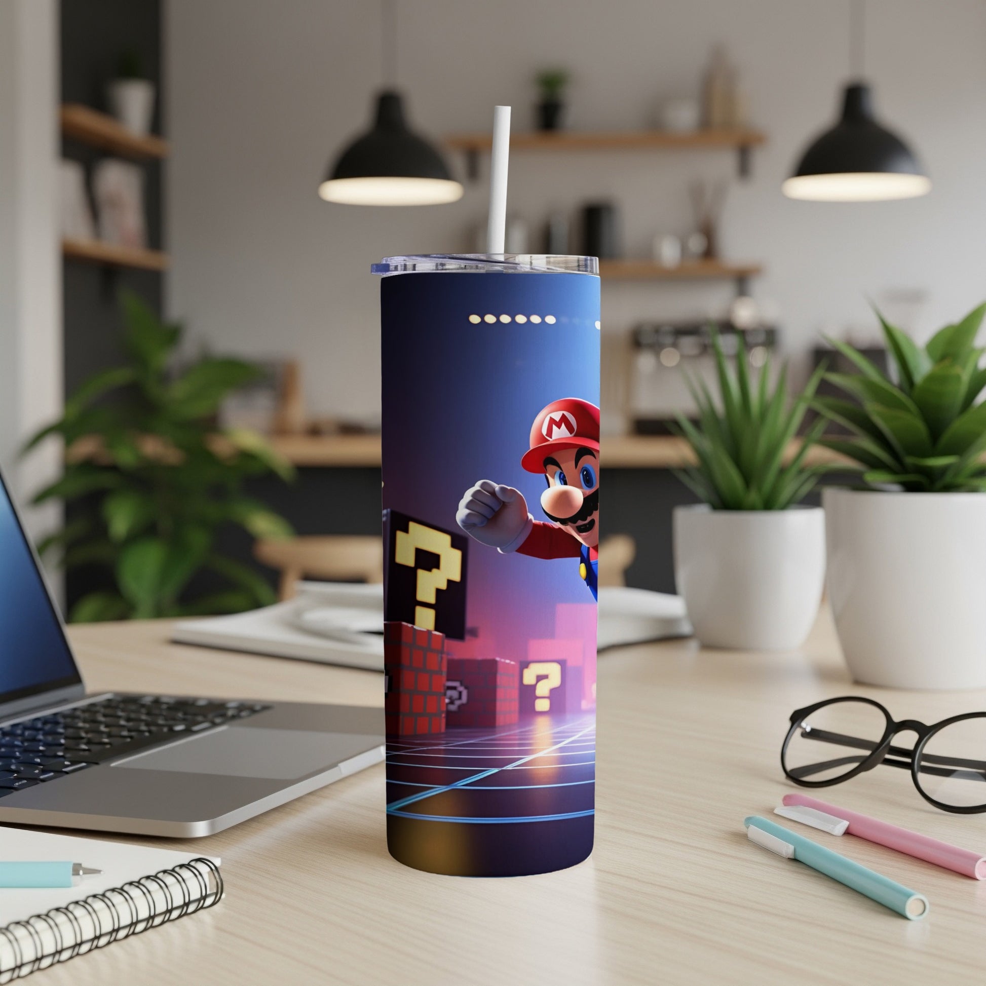 Mario jumping from question blocks on a sleek, colorful tumbler.