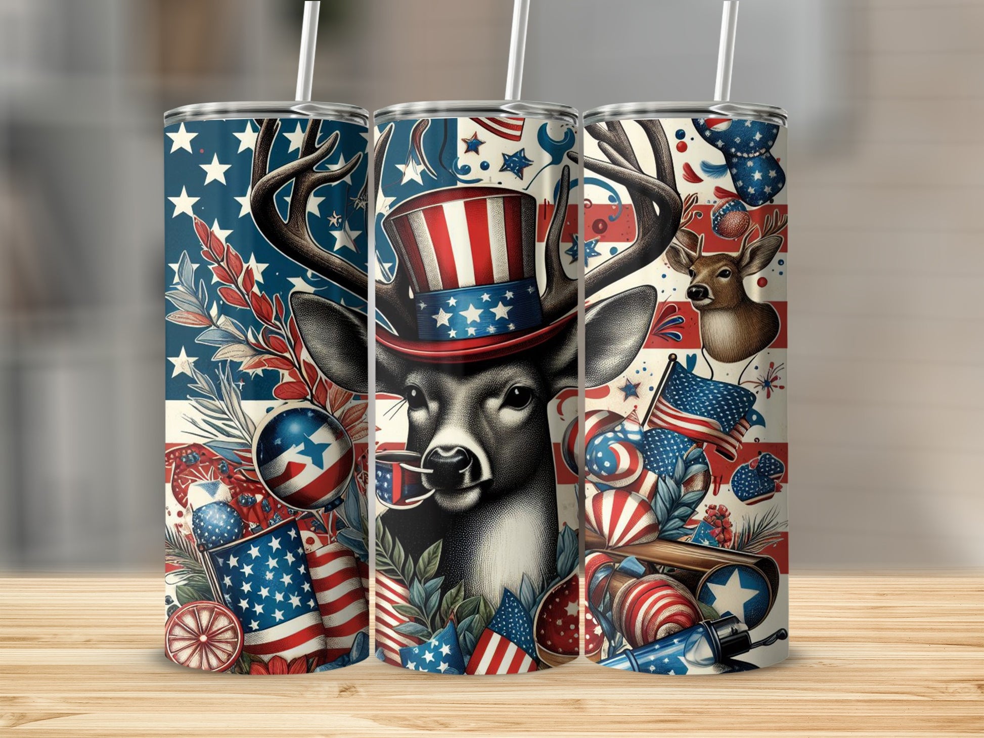 Deer in patriotic hat and USA flag motifs on tumblers.