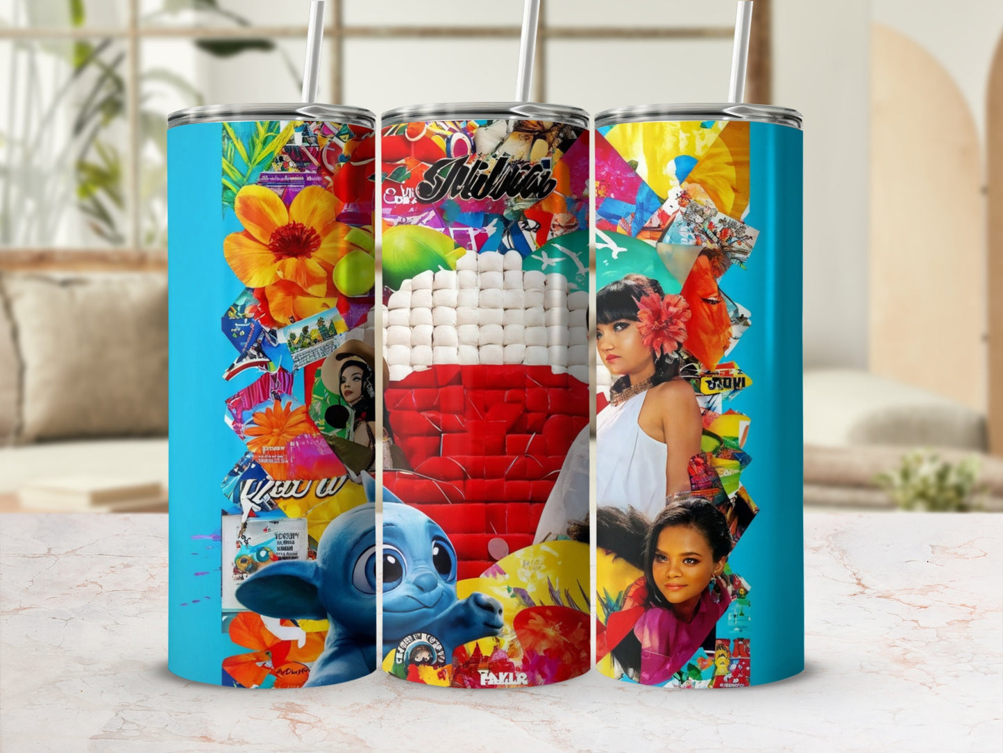 Collage design featuring Stitch, flowers, and pop culture elements on a tumbler.
