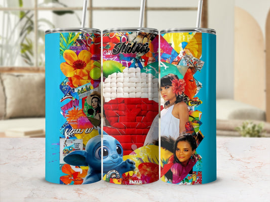 Collage design featuring Stitch, flowers, and pop culture elements on a tumbler.