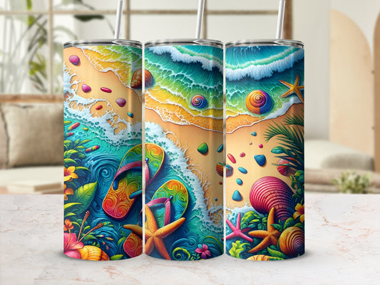 Tropical beach scene with flip-flops, seashells, and waves on a 30oz tumbler.
