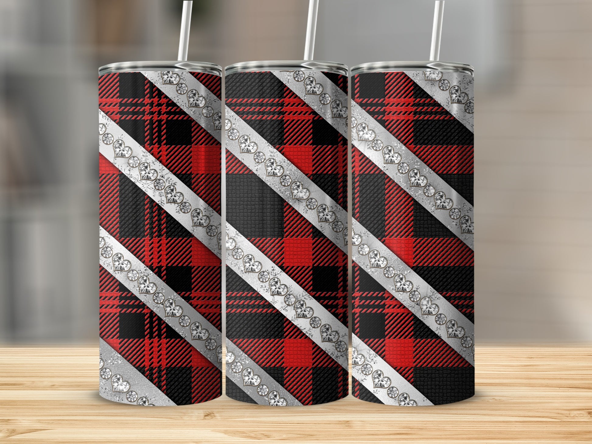 Red and black plaid tumbler with silver hearts and rhinestones.