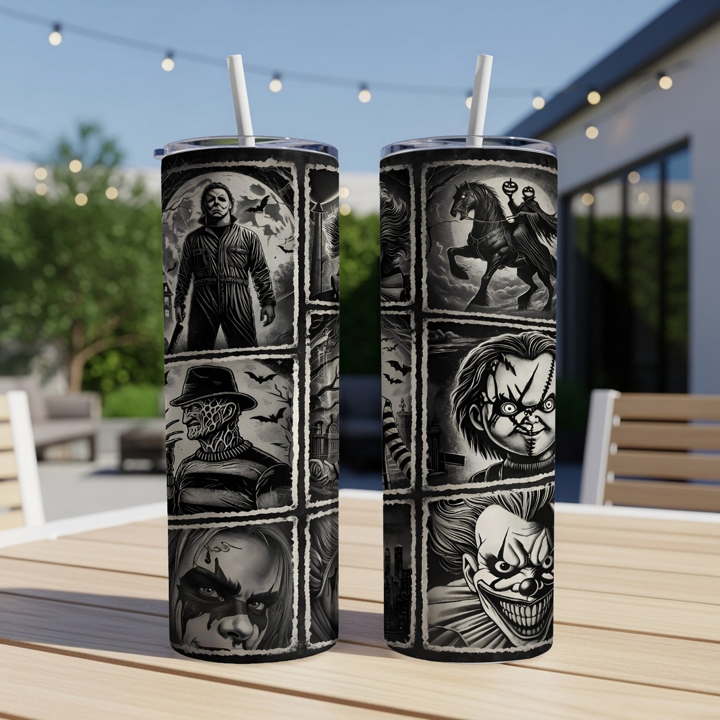 Two tumblers with black and white horror movie character collage design.