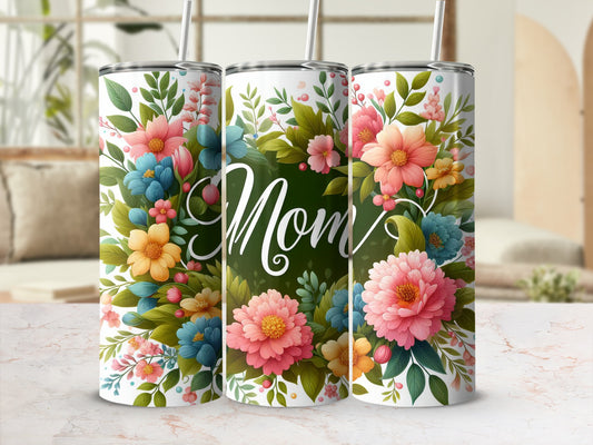 Three tumblers with "Mom" and floral design.