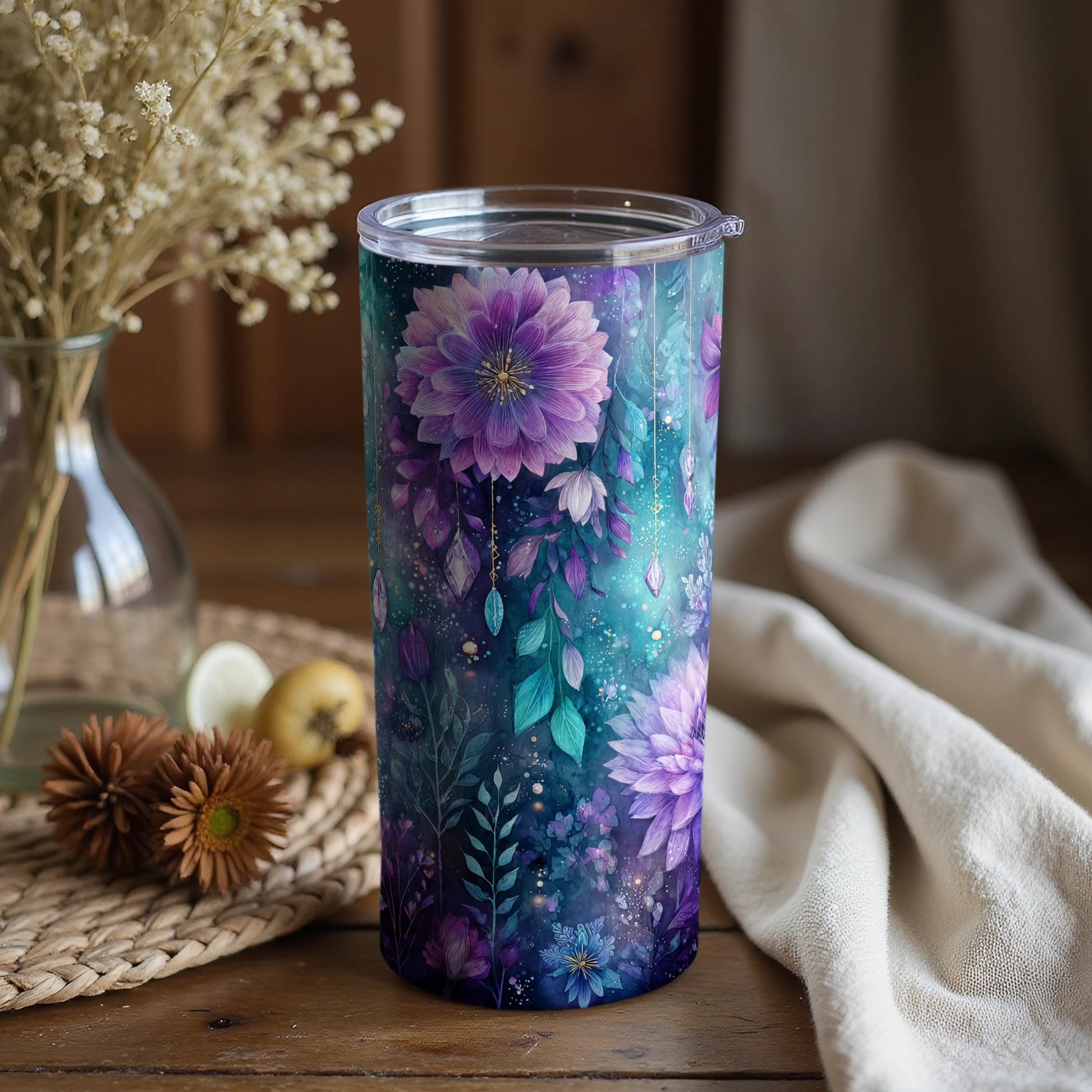 Elegant Floral Purple and Blue Travel Tumbler