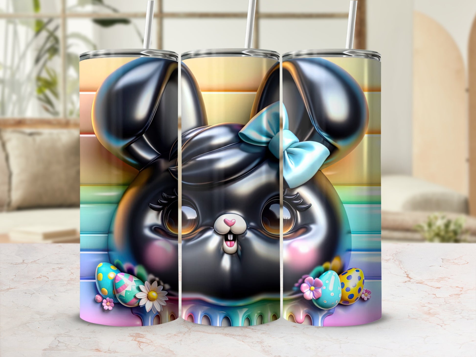 Black bunny tumbler with pastel eggs and flowers design.