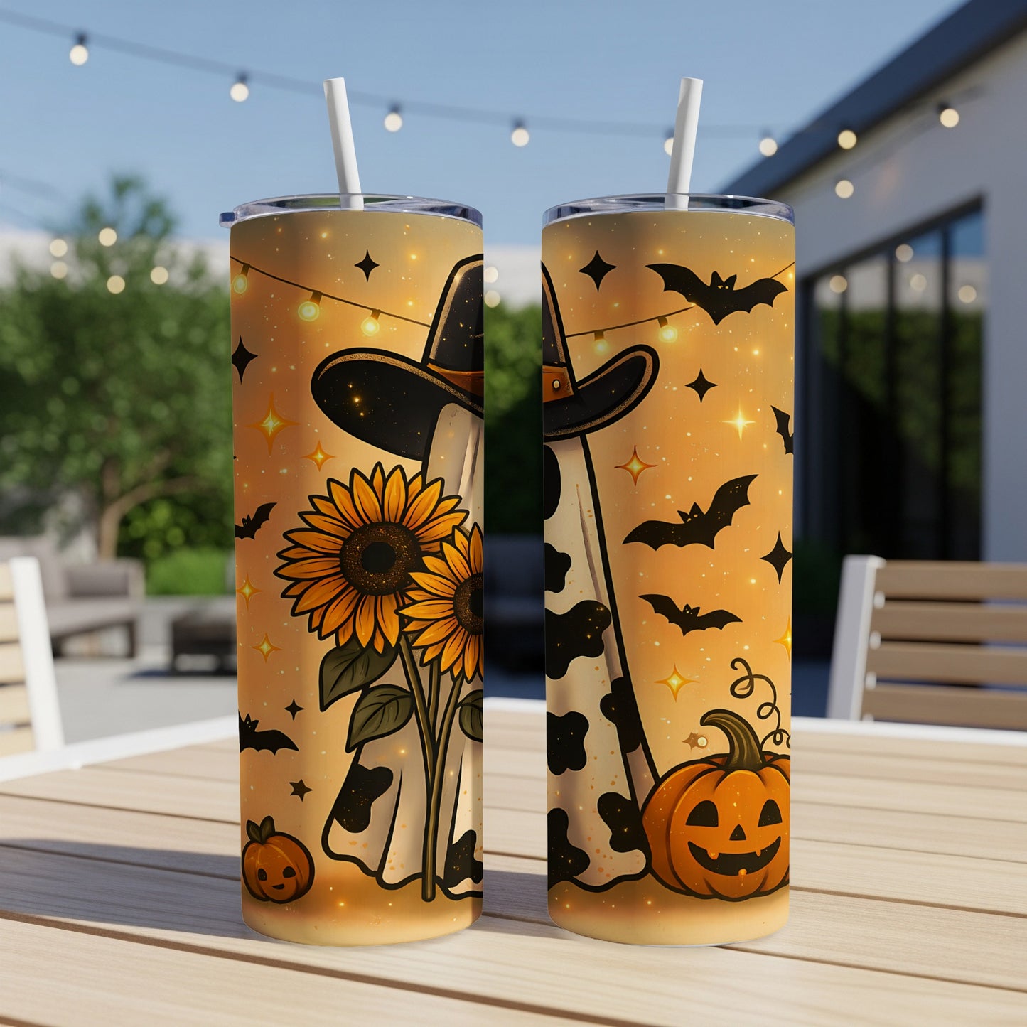 Two tumblers with Halloween designs, featuring ghosts, sunflowers, bats, and pumpkins.