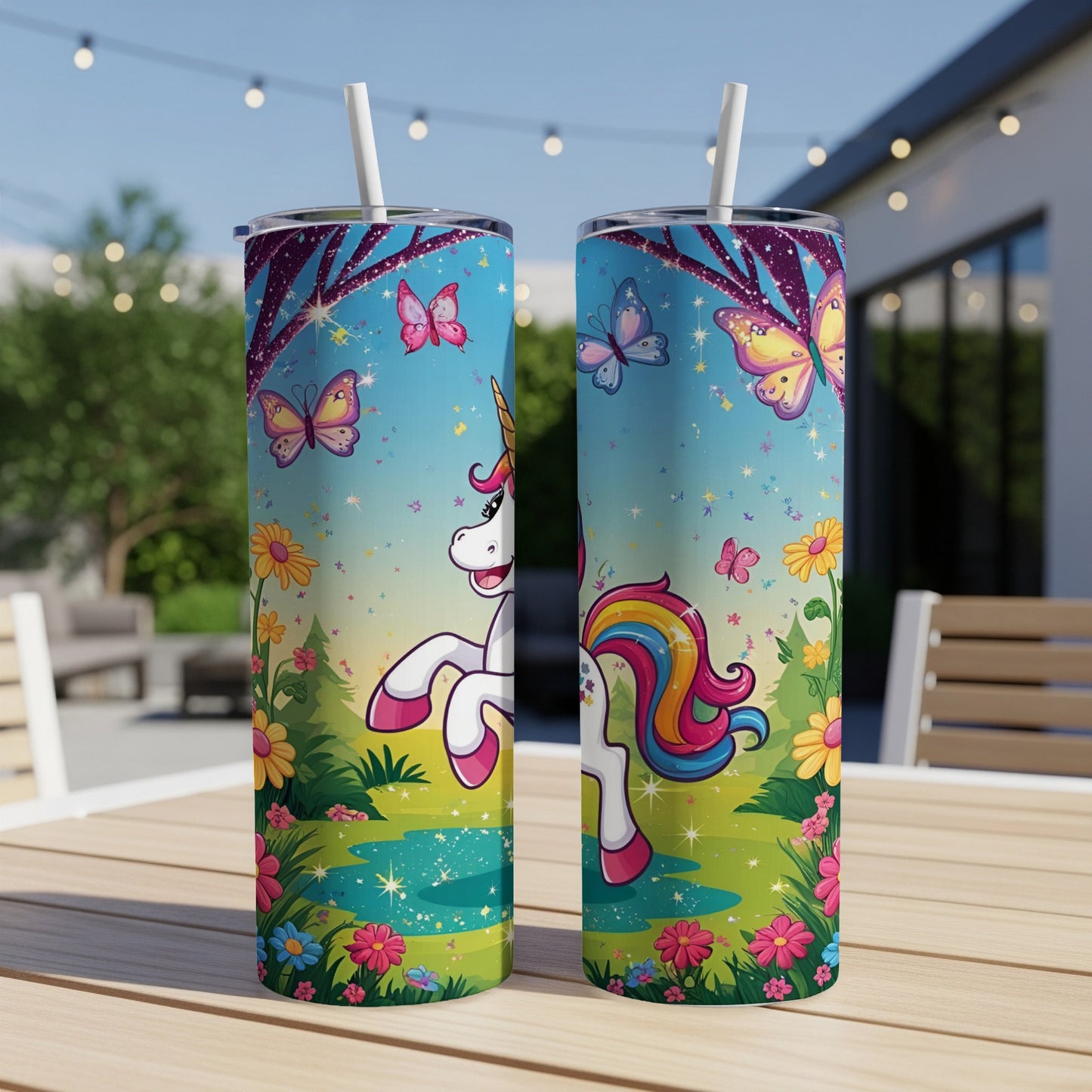 Unicorn with rainbow mane and tail, surrounded by butterflies and flowers.