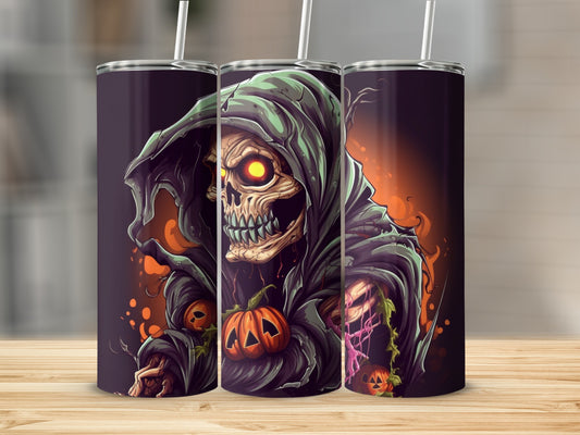 Three tumblers feature a grim reaper with glowing eyes and pumpkins.