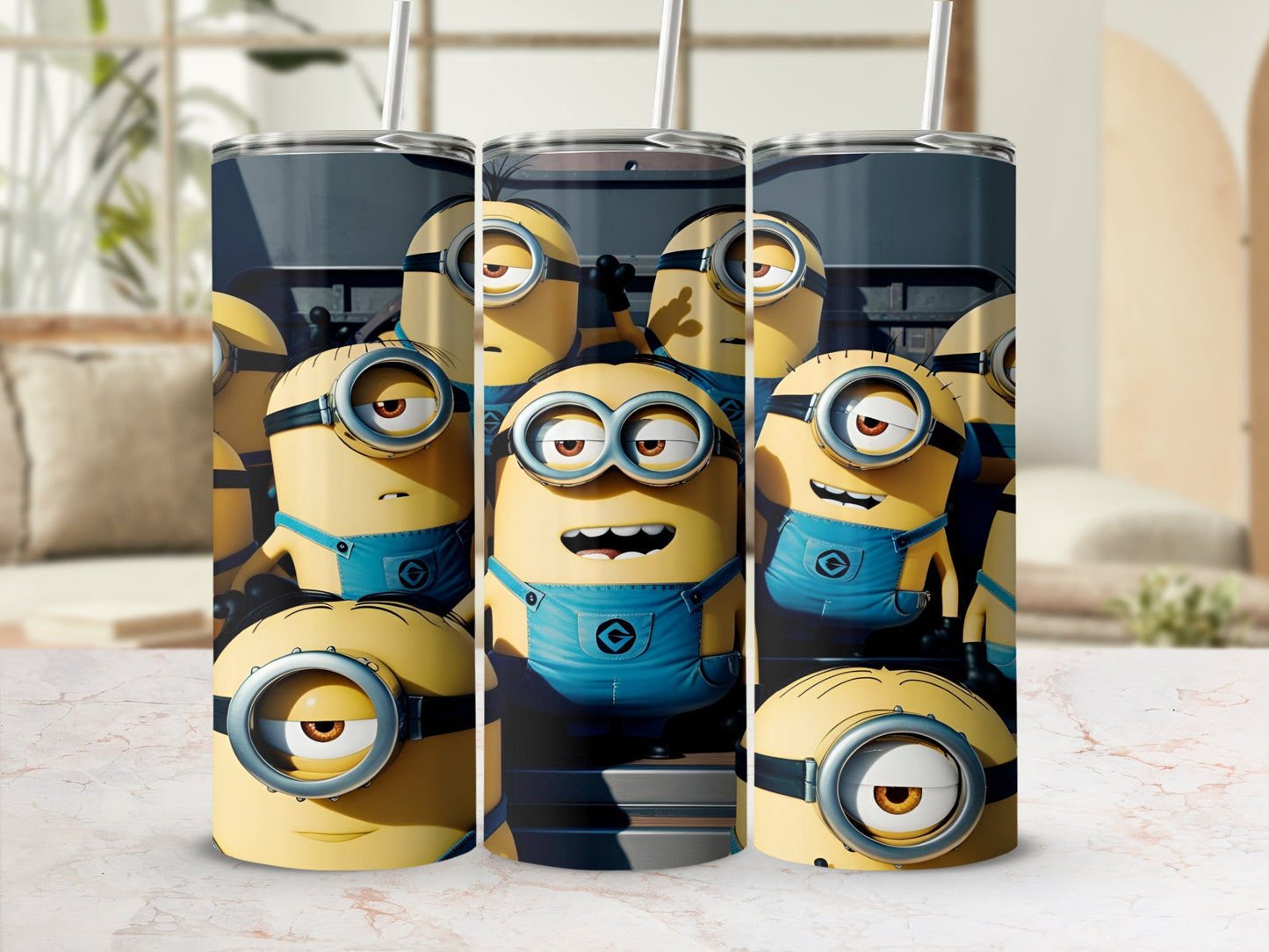 Minions in blue overalls with goggles on a cylindrical object.