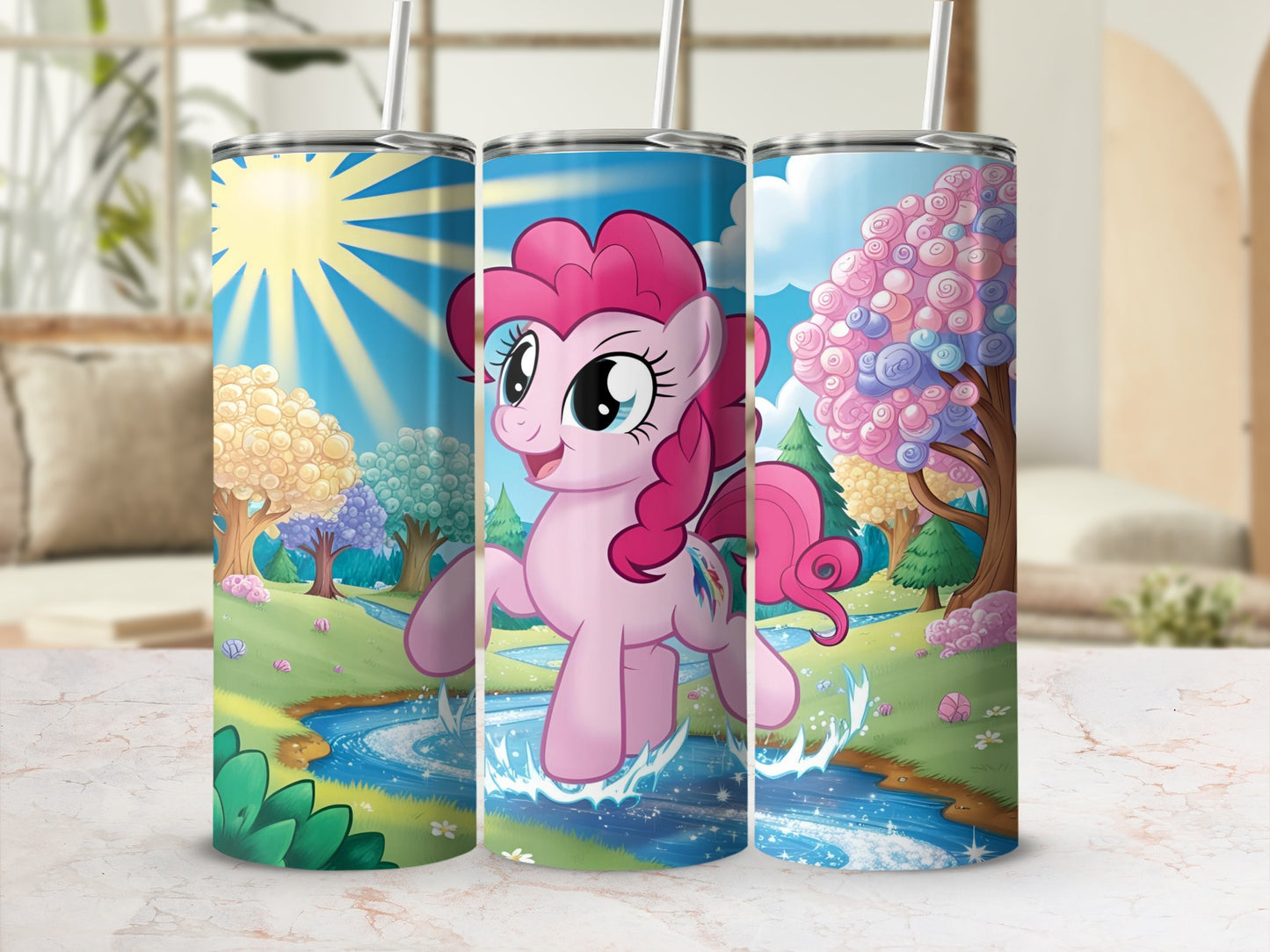 Pinkie Pie from My Little Pony running through a stream in a colorful meadow.