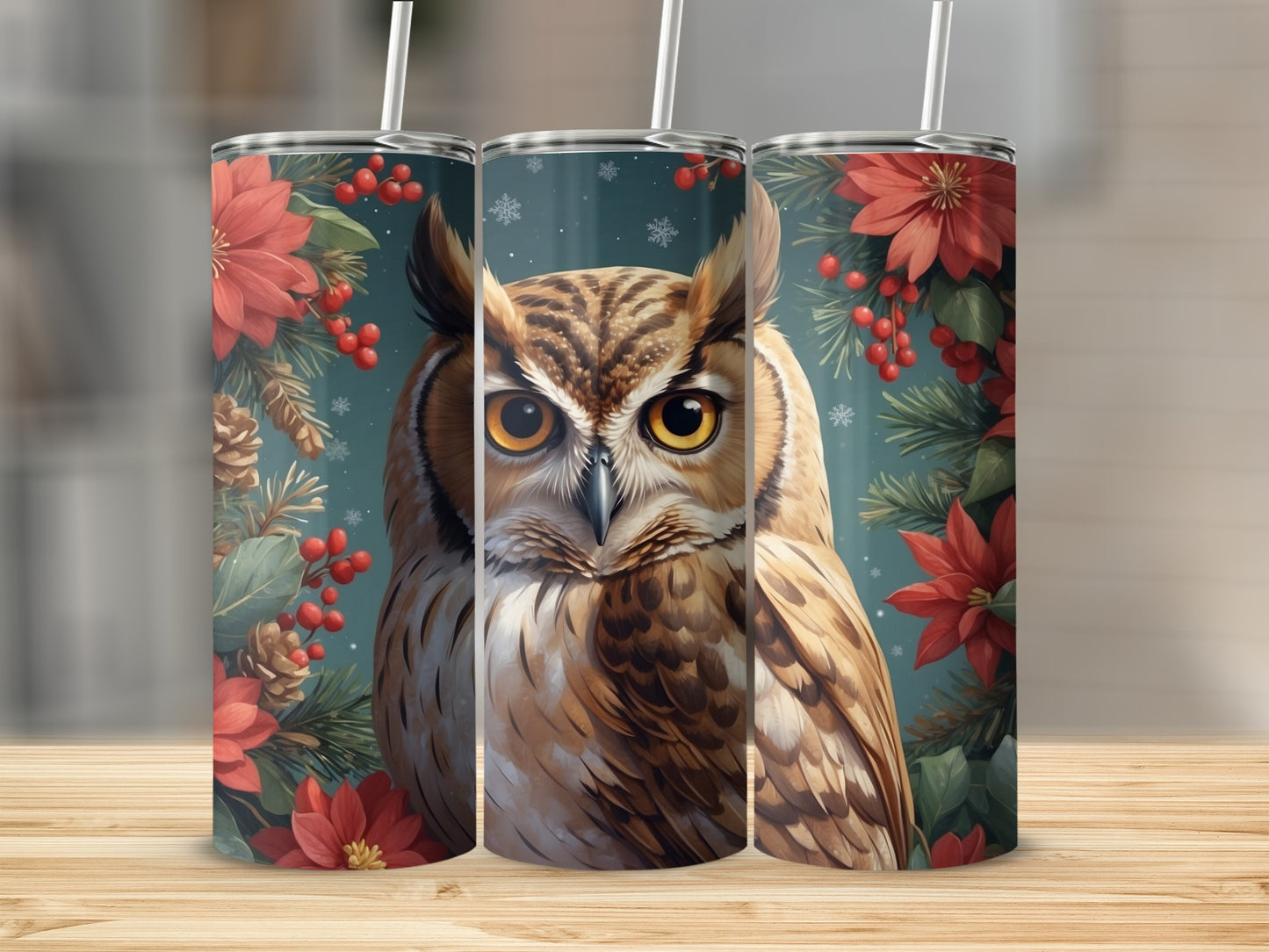 Close-up of an owl with poinsettias and pine branches.