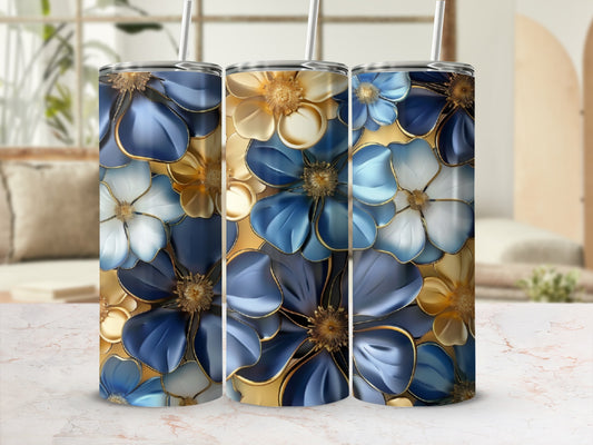Three tumblers with blue and gold floral patterns.