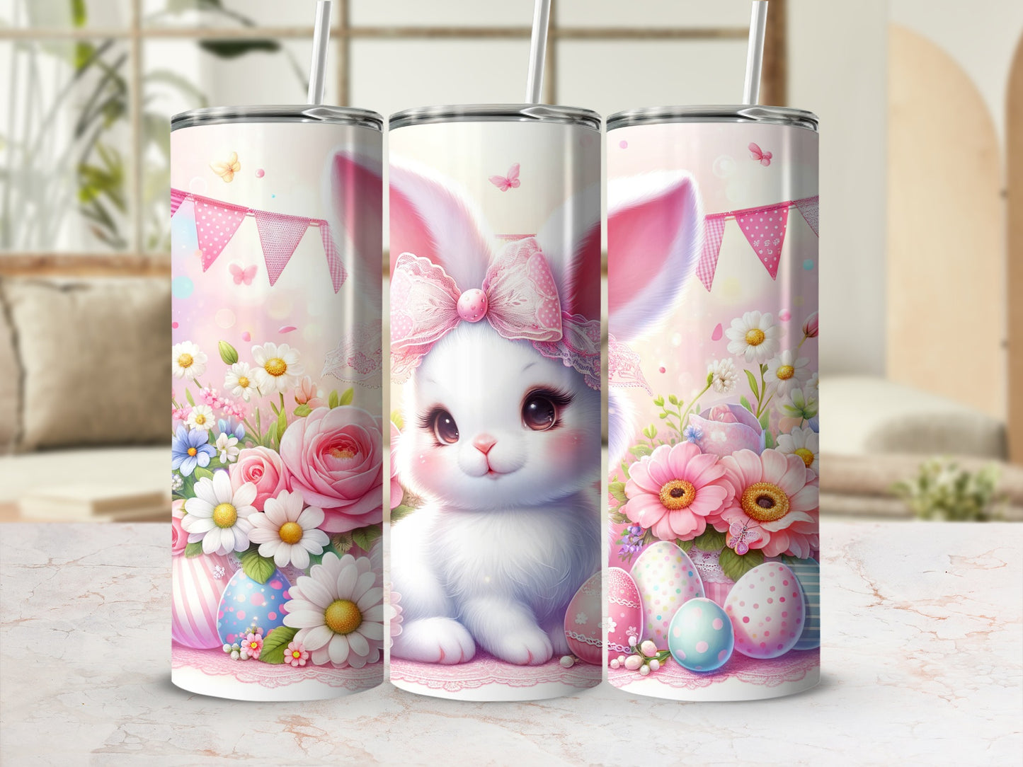Easter bunny with flowers and decorated eggs on a tumbler.