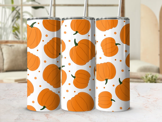 Three tumblers with a repeating pattern of orange pumpkins on a white background.