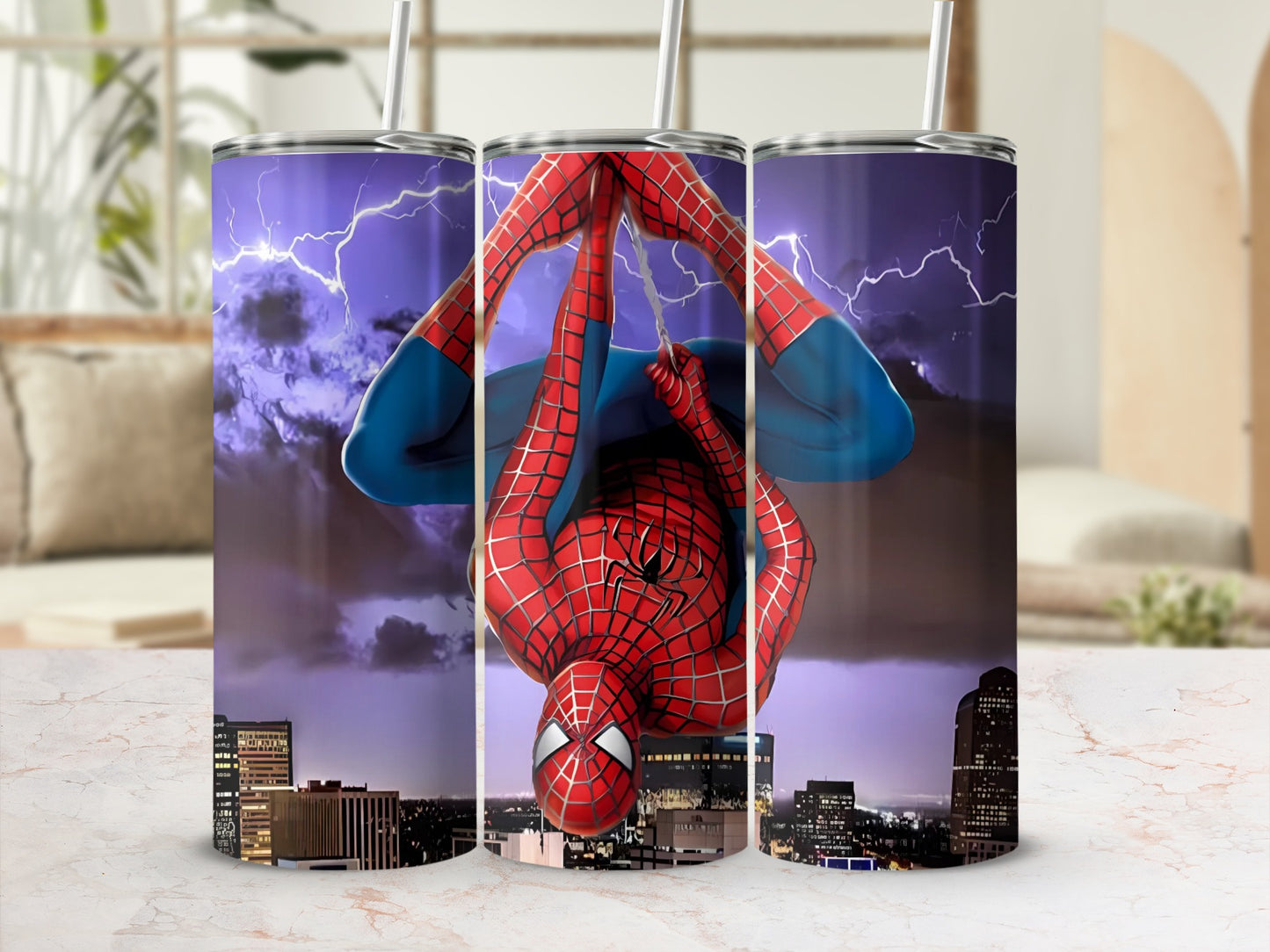 Vibrant Spider-Man Tumbler with Cityscape Background