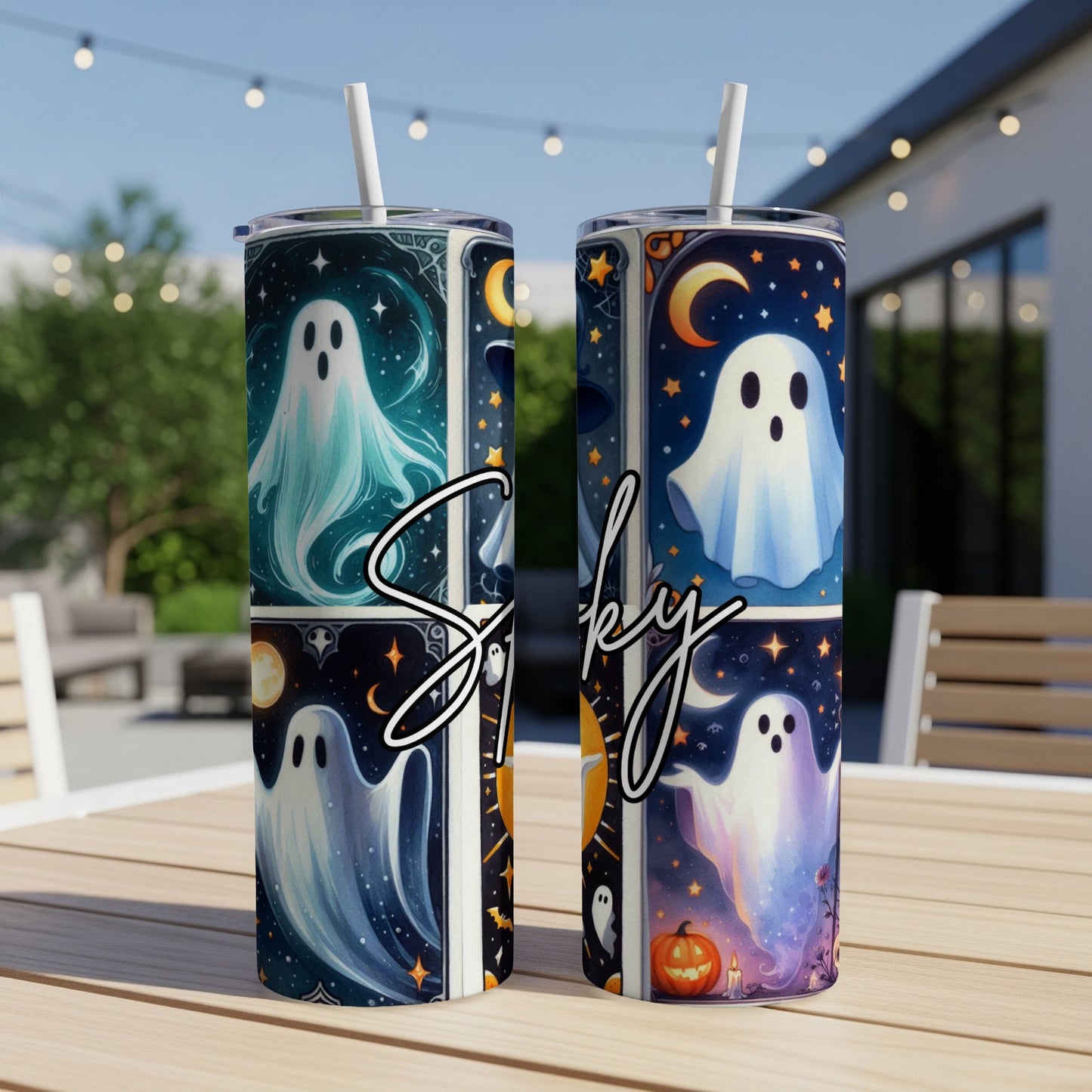 Two tumblers with spooky ghost designs, moons, stars, and pumpkins.