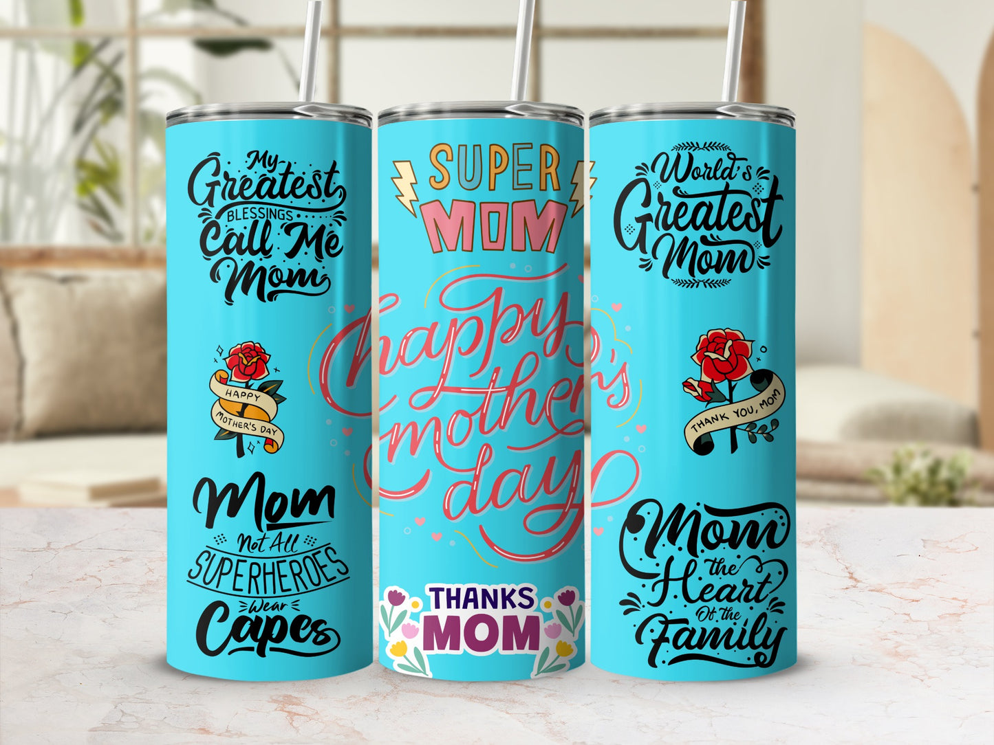 Mother's Day Super Mom Travel Tumbler with Straw