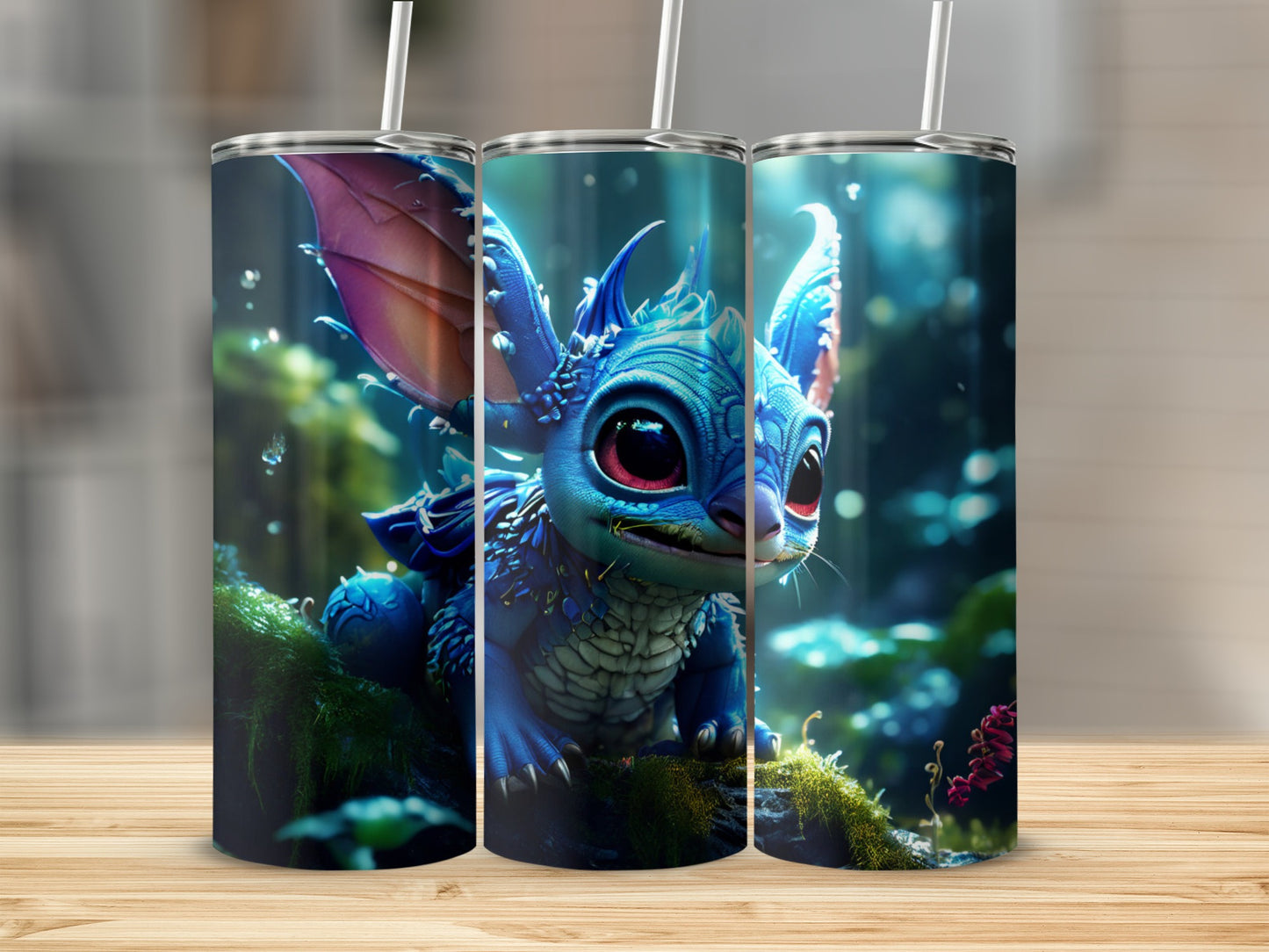 Blue alien creature with large eyes, sitting on mossy branch, three tumblers.