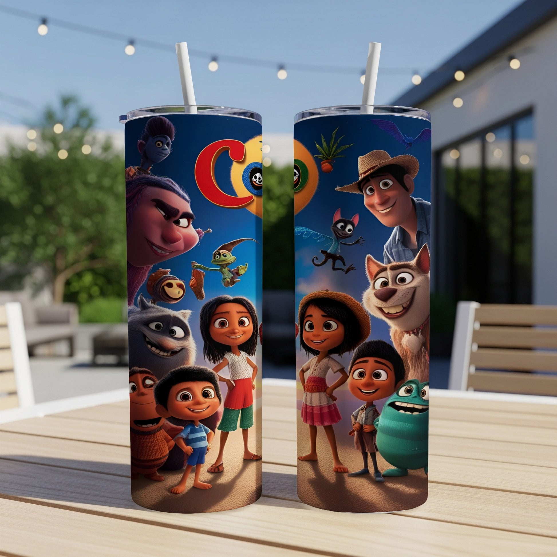Two tumblers featuring colorful animated characters on a table with a blurred outdoor background.