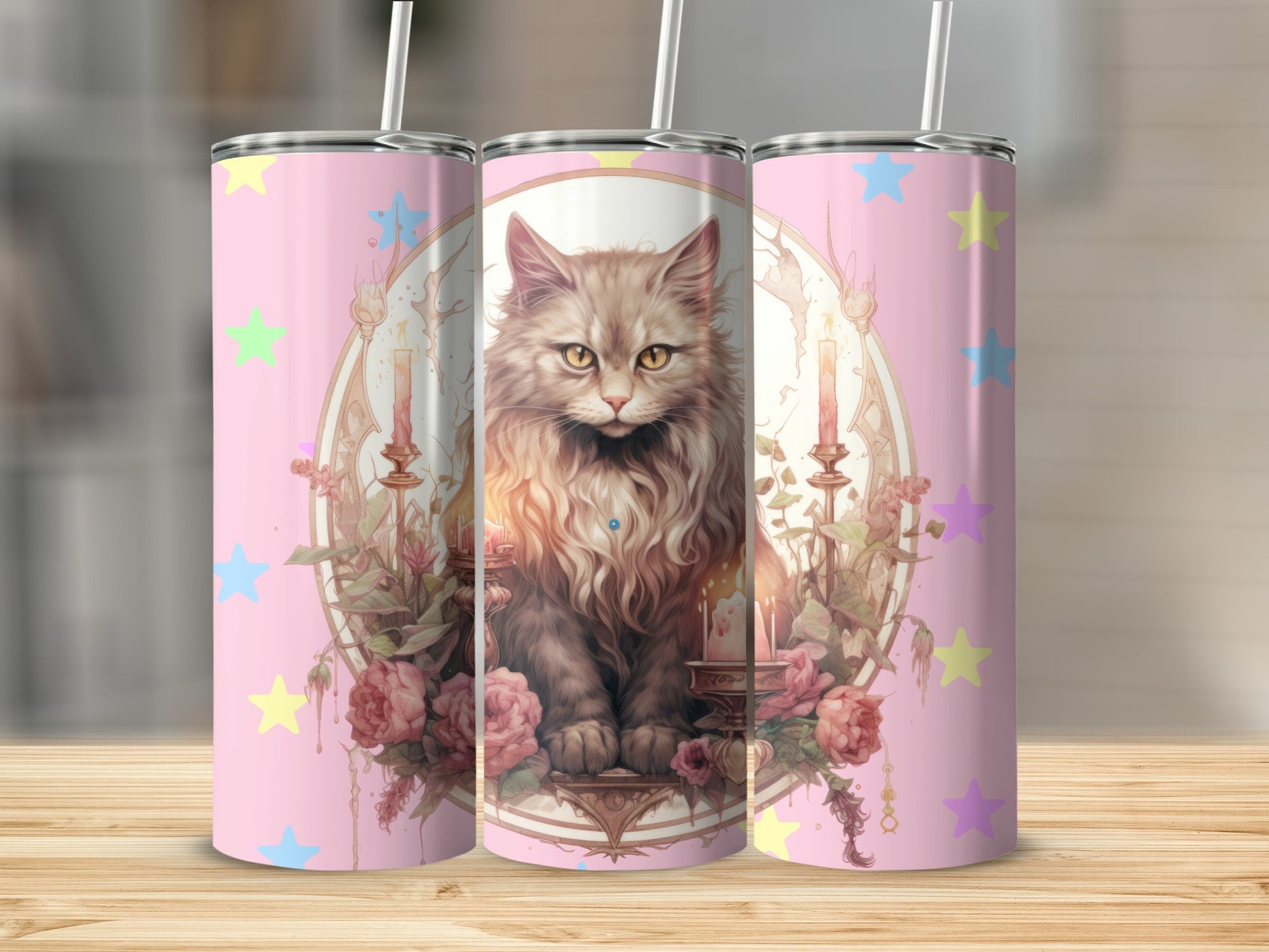 Vintage Cat Art Pink Star Decorated Tumbler