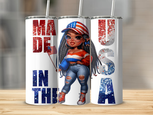 Cartoon girl with braided hair holding American flag, "Made in USA" text.