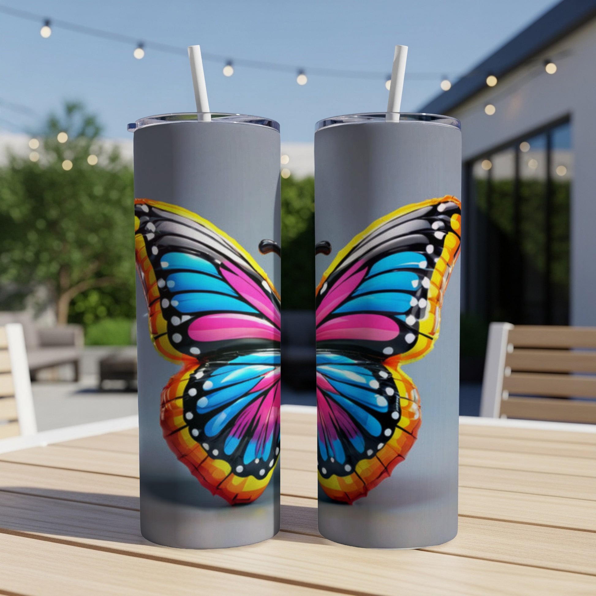 Two tumblers with a colorful butterfly wing design.