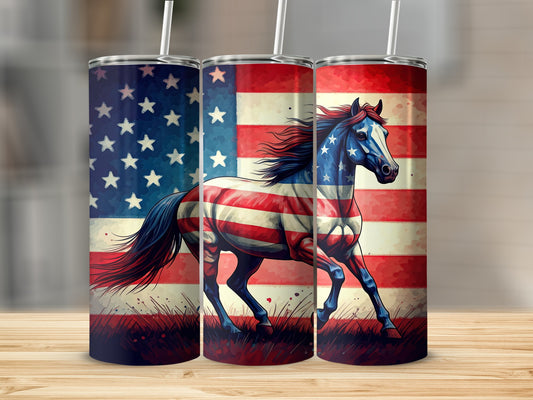 Horse with American flag design running in grass.