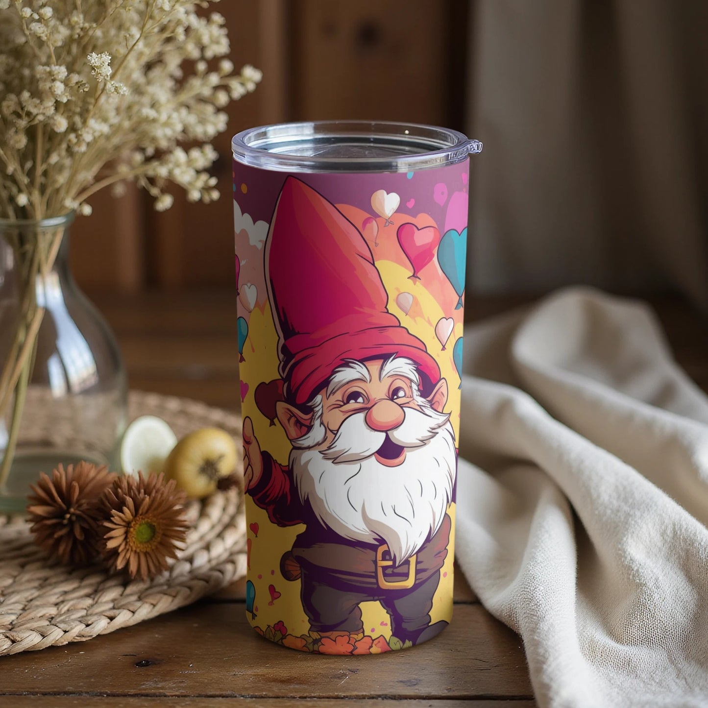 Cheerful Gnome with Hearts Design on Colorful Tumbler