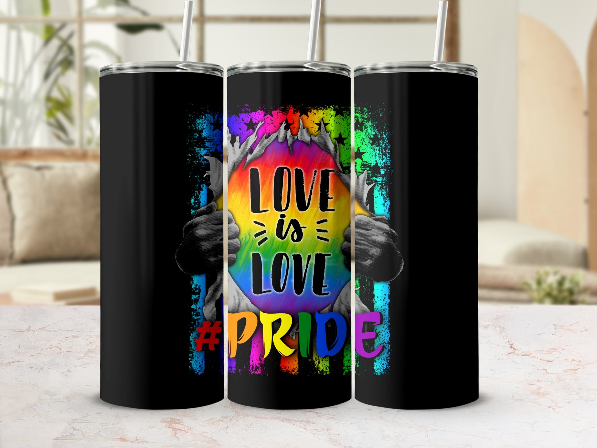 Black tumbler with "Love is Love" rainbow pride text and cracked surface design.