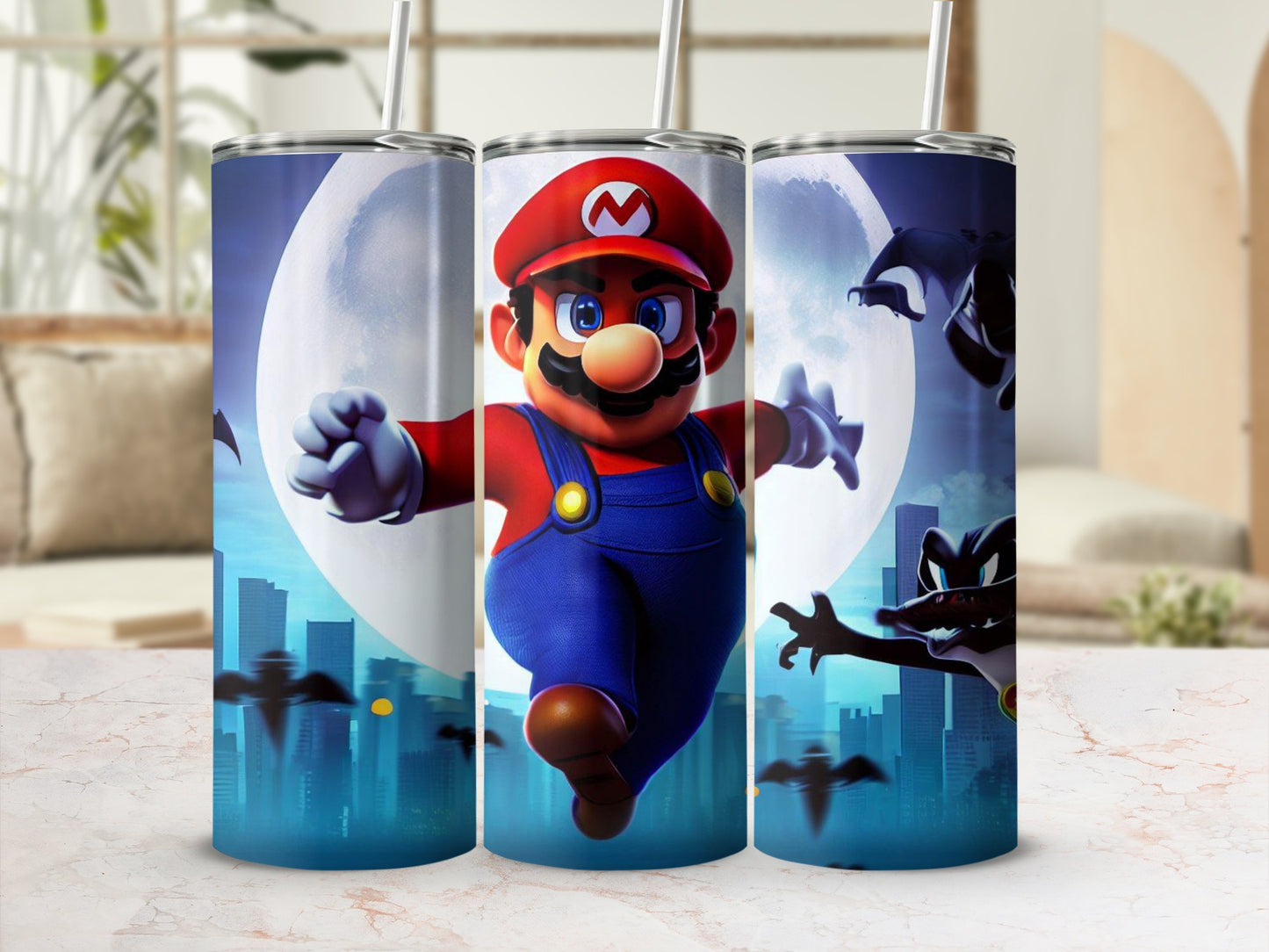 Vibrant Game Character Tumblers with Full Moon Design