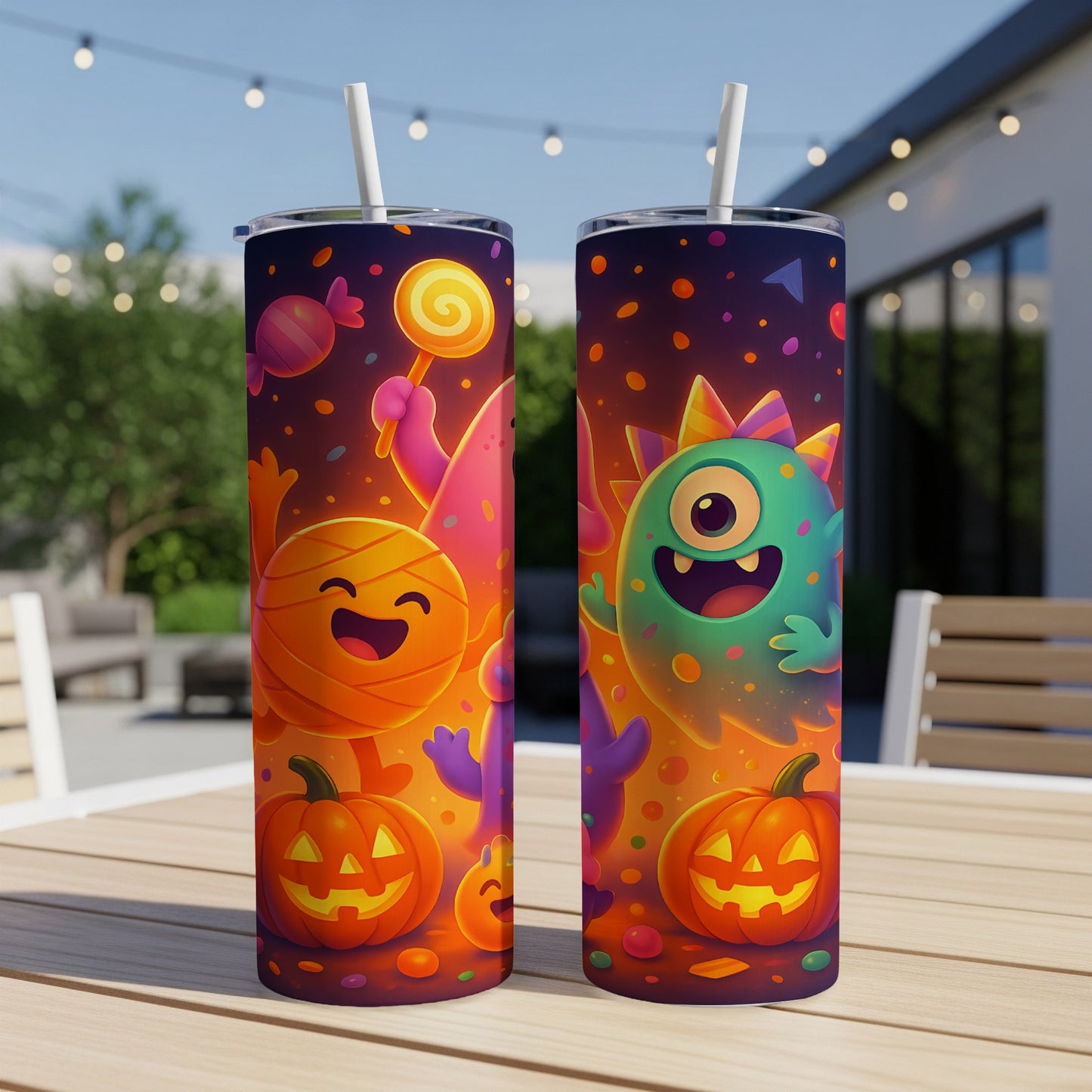 Two tumblers with Halloween monsters, pumpkins, and candy on a wooden table outdoors.