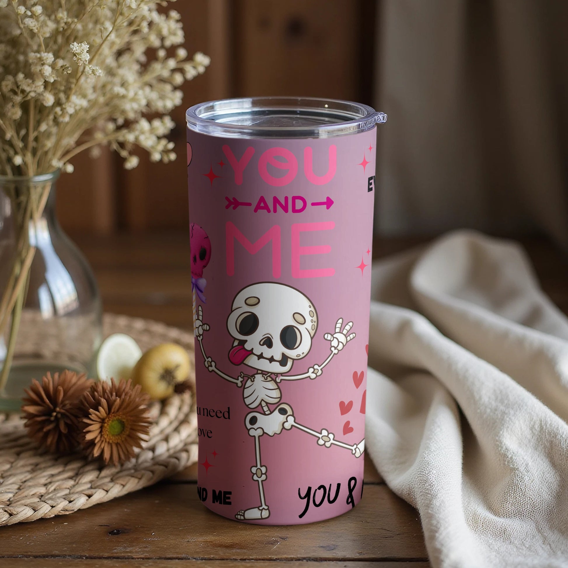 Skeleton You and Me Pink Tumbler