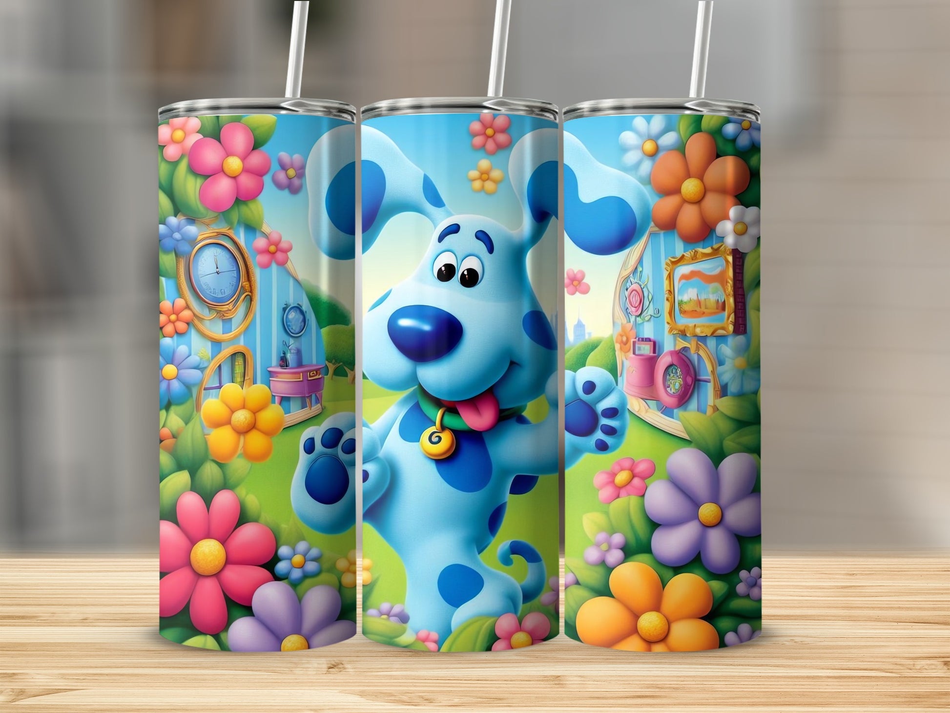 Blue animated dog with vibrant floral background tumbler