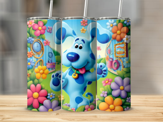 Blue animated dog with vibrant floral background tumbler