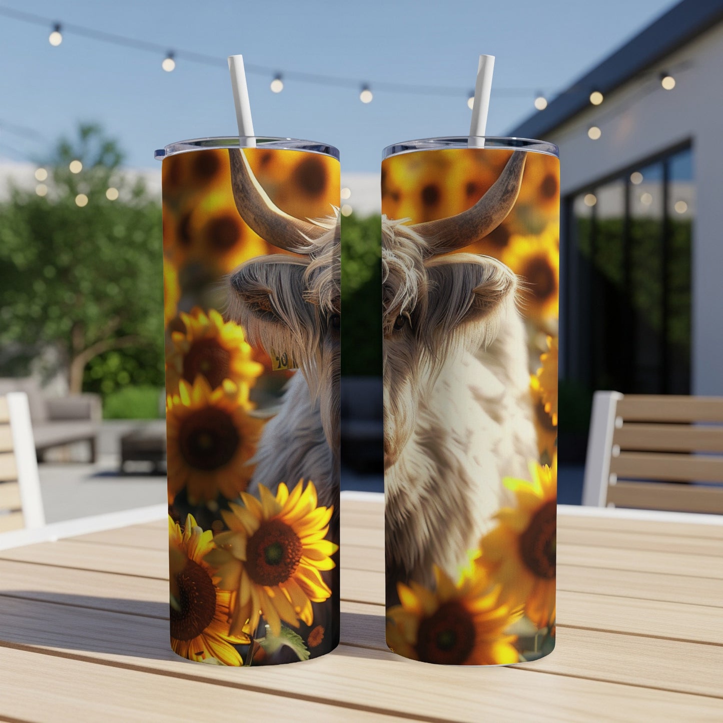 Highland cow with sunflowers on a tumbler, outdoor setting.