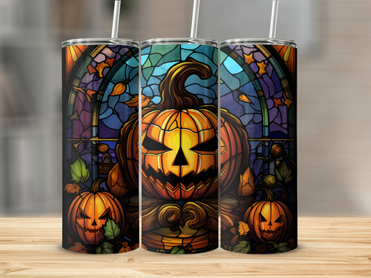 Three tumblers with a spooky jack-o'-lantern and stained-glass Halloween design.