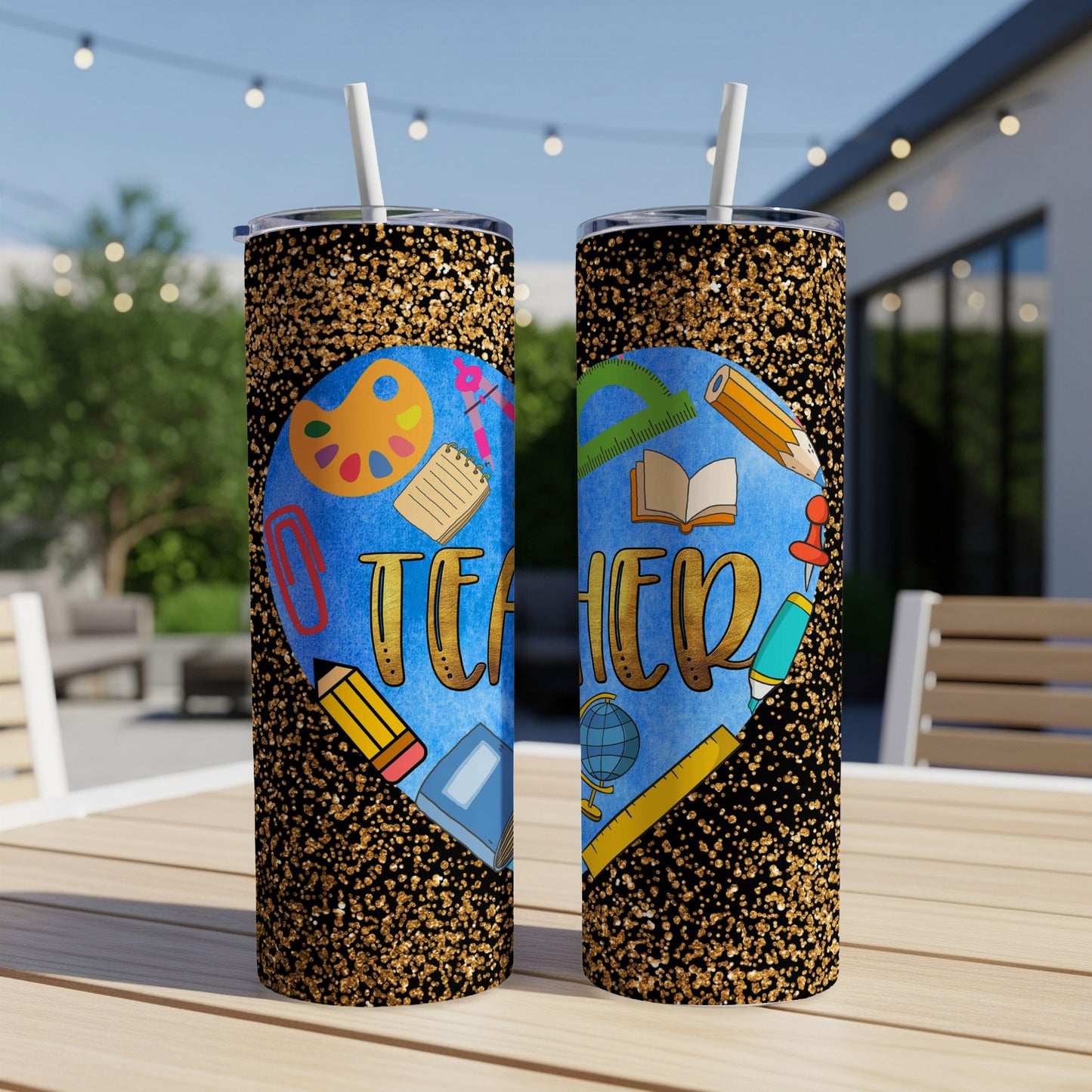 Teacher tumbler with school supplies and gold glitter heart design.