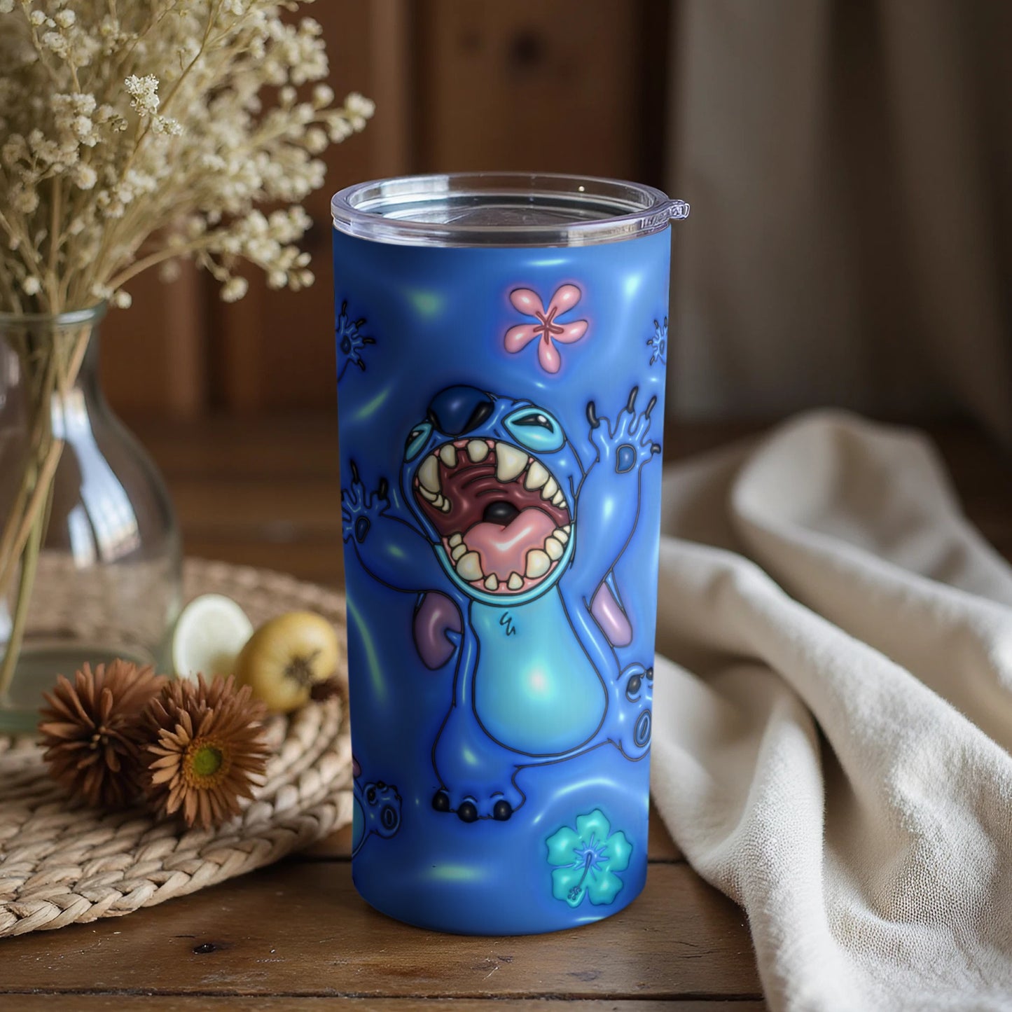 Colorful Alien Character Tumbler with Flowers Design