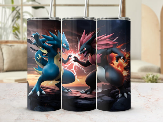Two Pokémon, a blue dragon and a black-and-red wolf, clash with lightning effects.