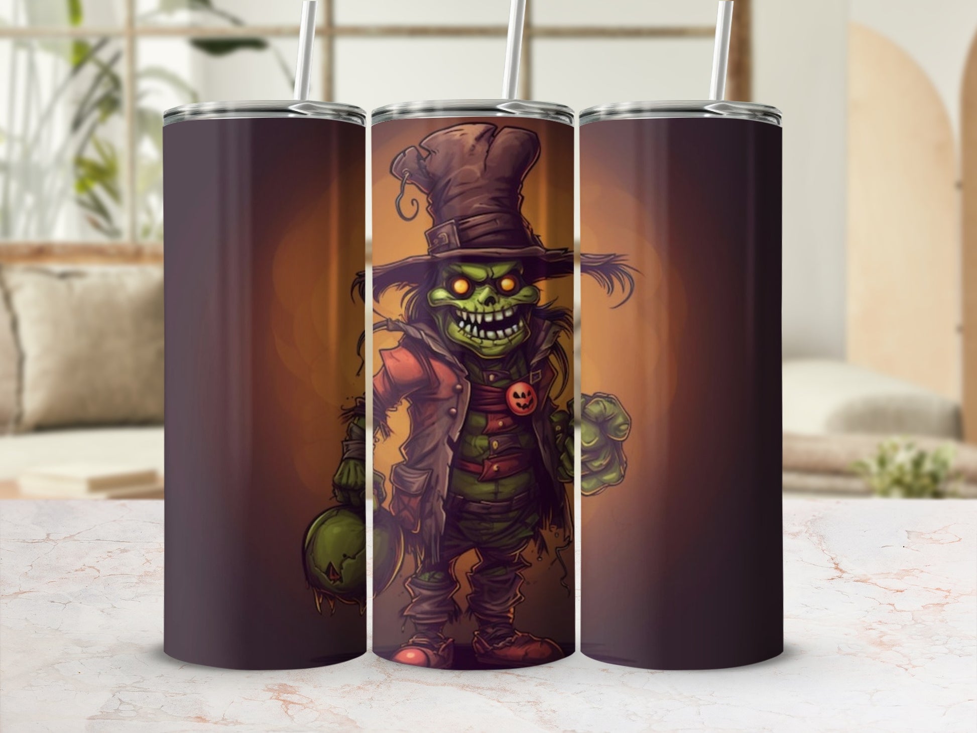 Three tumblers, one featuring a cartoon scarecrow with glowing eyes and a pumpkin button.