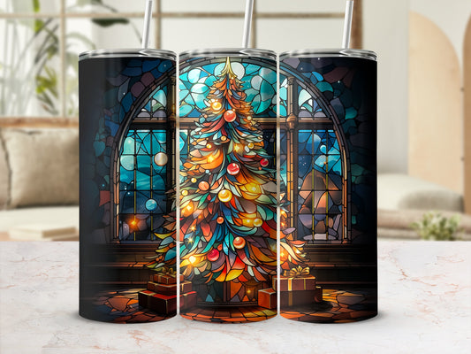 Christmas tree with stained-glass window background and wrapped gifts.