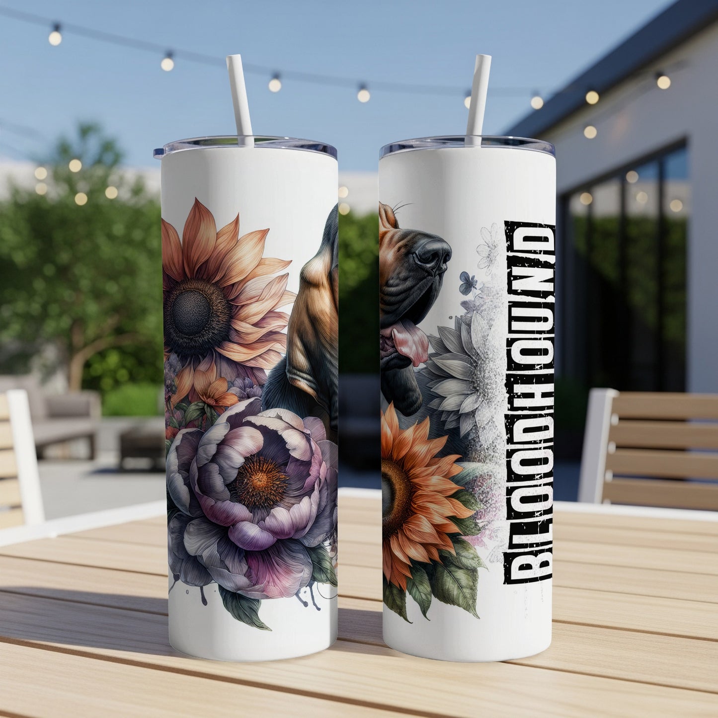 Two tall tumblers with a German Shepherd and floral designs.