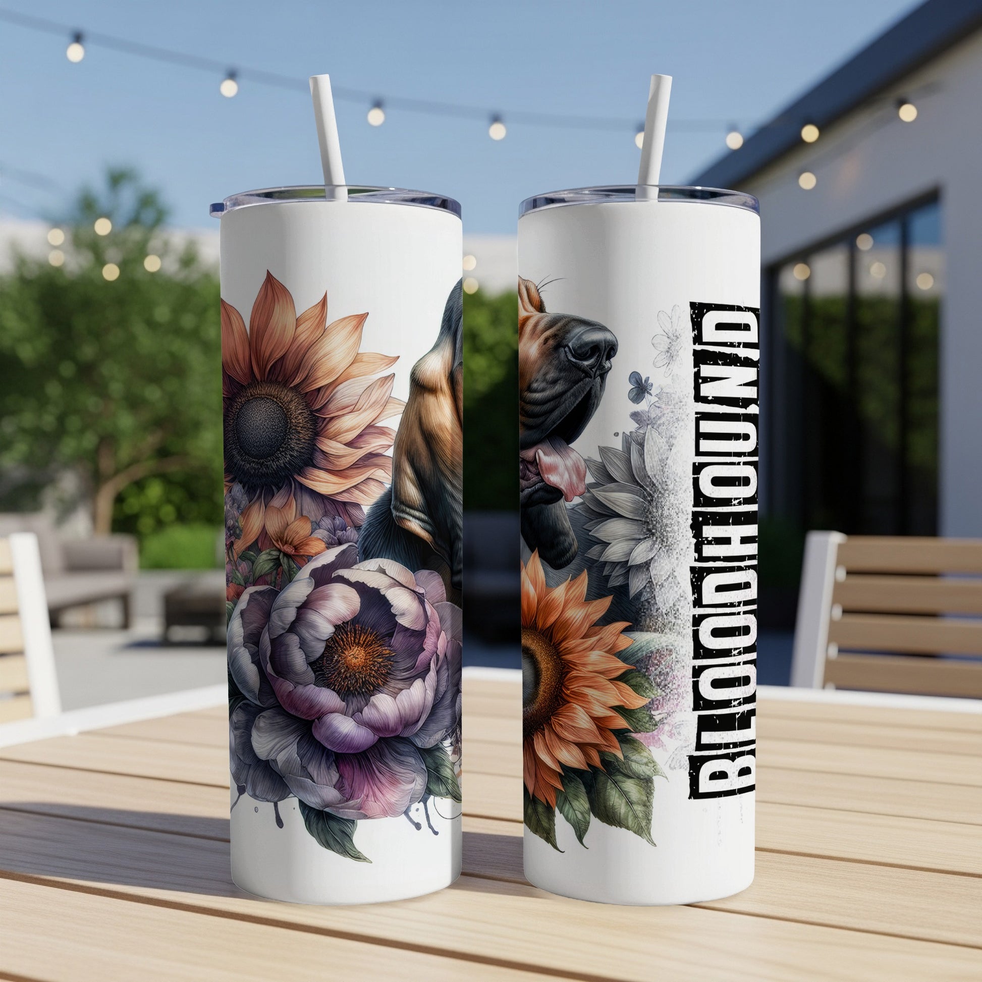 Two tall tumblers with a German Shepherd and floral designs.